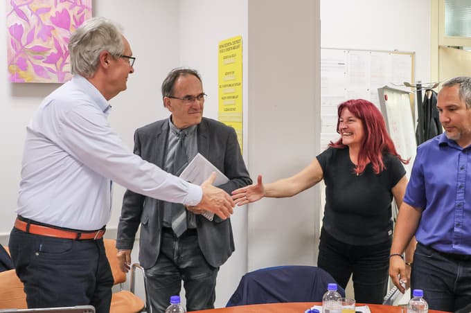 Marjan Mačkošek (predsednik Sveta zavoda UKC Maribor), Vojko Flis (direktor UKC Maribor), Nataša Marčun Varda (strokovna direktorica UKC) in Luka Kolarič (podpredsednik Sveta zavoda UKC Maribor in predstavnik zaposlenih)