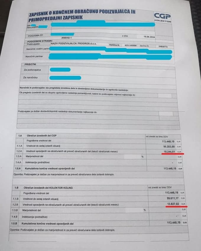 Obračun del, ki jih je za CGP Kolektor opravilo podjetje Progros.