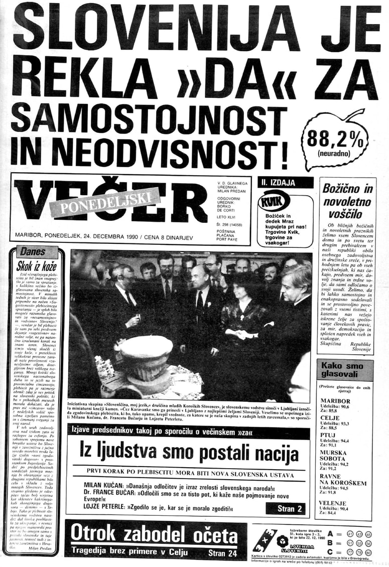Plebiscitna nedelja na naslovnici Večera 24. decembra 1990