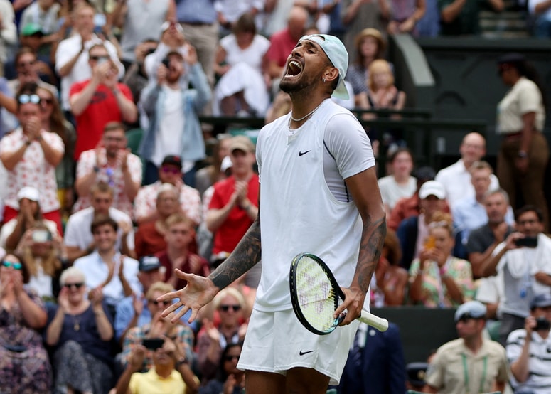Tennis - Wimbledon - All England Lawn Tennis and Croquet Club, London, Britain - July 4, 2022 Australia's Nick Kyrgios celebrates winning his fourth round match against Brandon Nakashima of the U.S. REUTERS/Paul Childs 