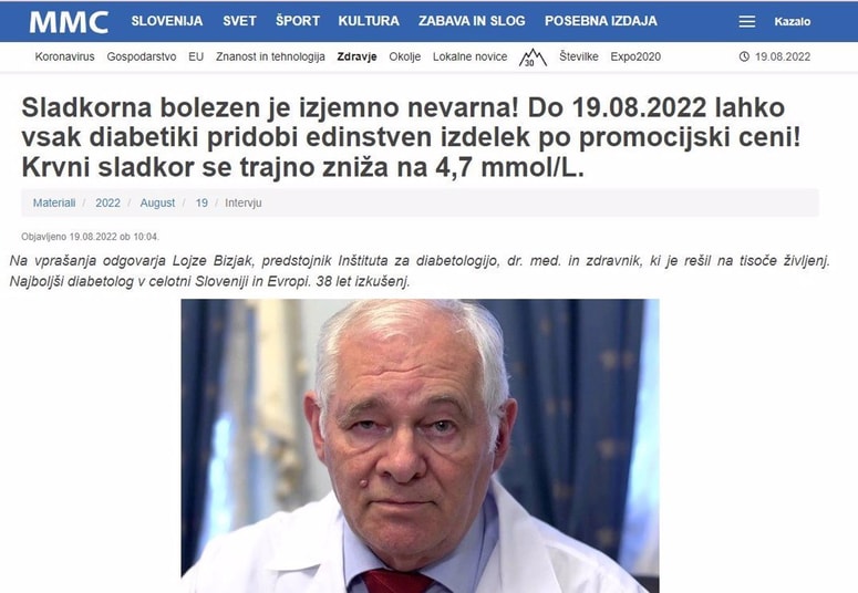 V namen lažnega oglaševanja so zlorabili tudi portal MMC. "Diabetolog" z imenom Lojze Bizjak sicer v Sloveniji ne obstaja, kot tudi ne Inštitut za diabetologijo. 