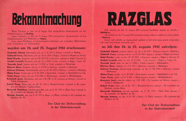 Razglas o streljanju talcev v Mariboru 24. in 25. avgusta 1941. 