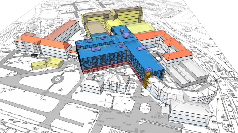 Novogradnja celjske bolnišnice - tako je videti arhitekturni izris - novi del je obarvan modro. 