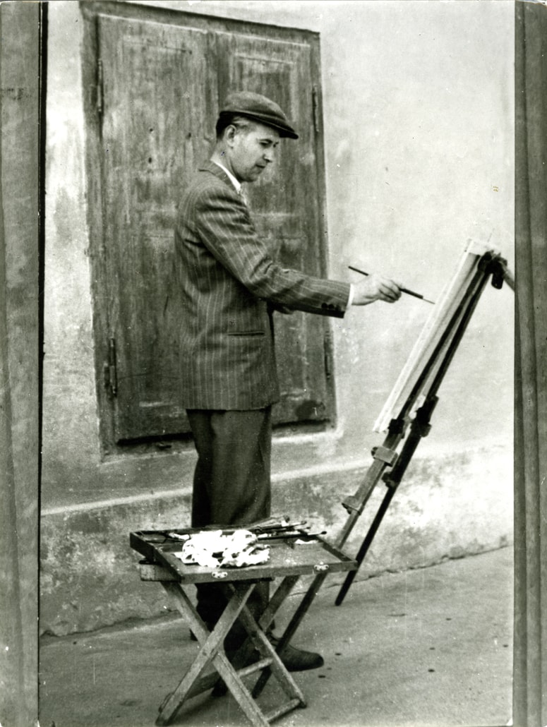 Karel Pečko pri slikanju vedut Slovenj Gradca leta 1956 