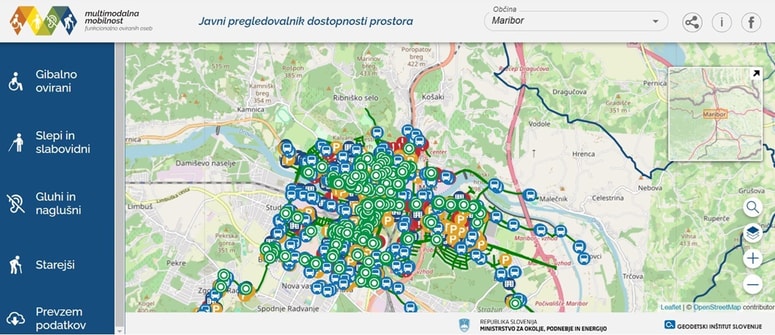 Javni pregledovalnik dostopnosti prostora po občinah vsebuje tudi podatke o taktilnih oznakah, klopcah, zvočnih semaforjih, parkiriščih, pločnikih, primernih za invalide ... 