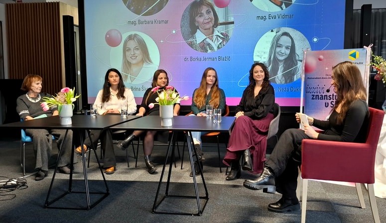 Z leve: dr. Borka Jerman Blažič, Eva Vidmar, Brina Škoda, Neža Đukić, Barbara Kramar in voditeljica Alja Herga 