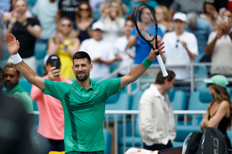 Mar 23, 2025; Miami, FL, USA; Novak Djokovic (SRB) celebrates after his match against Camilo Ugo Carabelli (ARG)(not pictured) on day six of the Miami Open at Hard Rock Stadium. Mandatory Credit: Geoff Burke-Imagn Images 