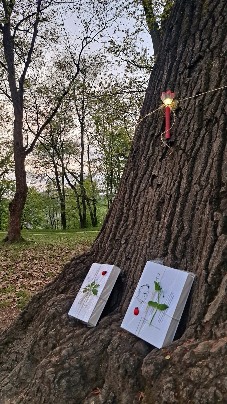 Noč knjige v grajskem parku Ravne: med knjigami seveda ni manjkal Prežih. 
 