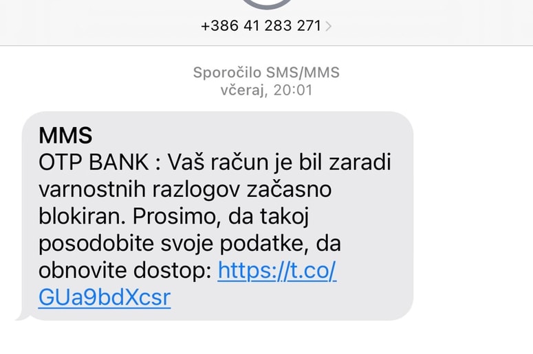 Banka nikdar ne bo zahtevala, da v spletne povezave, poslane po e-pošti ali v SMS sporočilih,vnesete občutljive podatke.