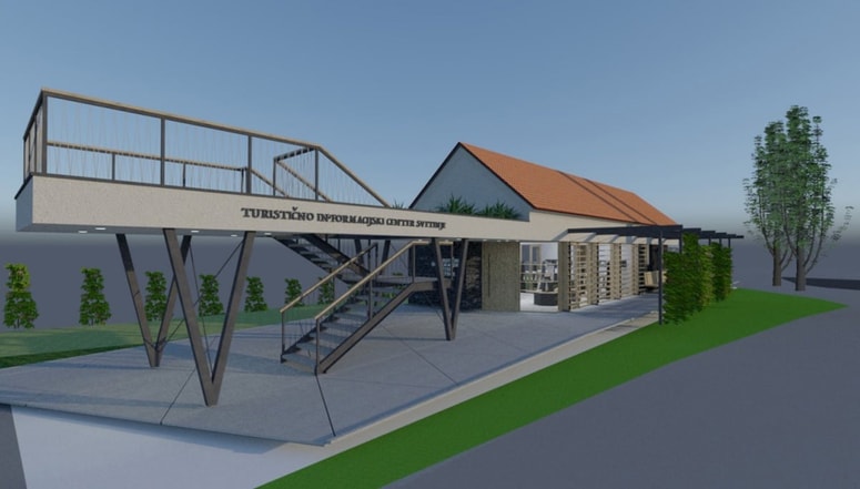 Vizualizacija interpretacijskega centra v Svetivnjah z info točko, kolesarnico, stojali za kolesa, prostori za predstavitev avtohtonih sort vinske trte in pergolo za počitek