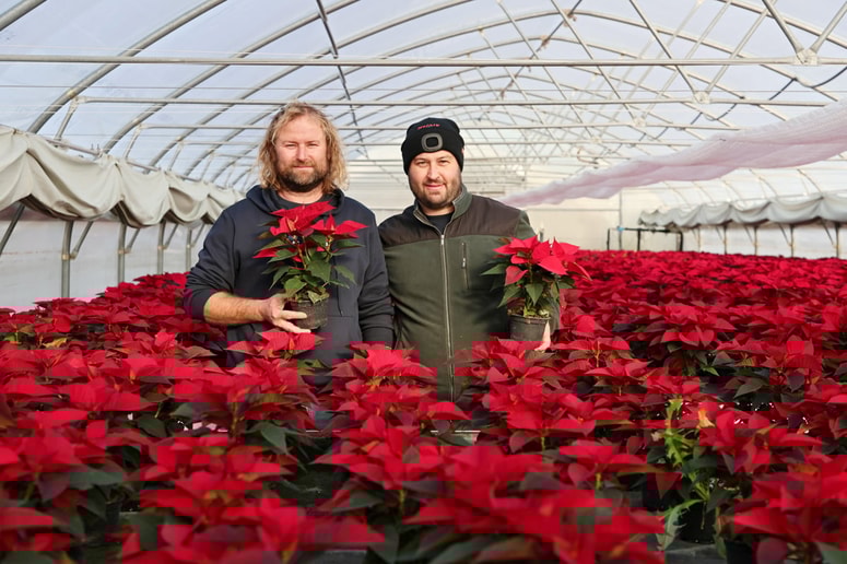 Tretja generacija vrtnarjev, brata Jernej in Primož Mrak v delovnih oblekah 