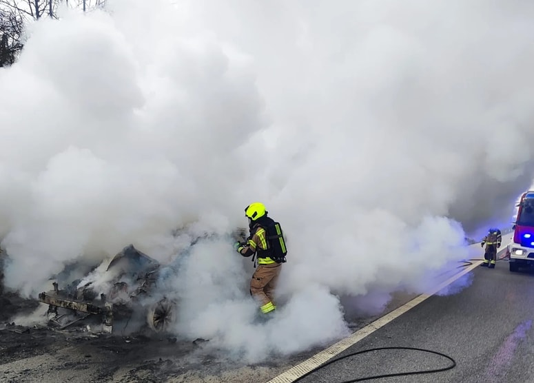 Glavna fotografija članka:(FOTO) Kljub hitremu posredovanju gasilcev na dolenjski avtocesti popolnoma zgorelo vozilo