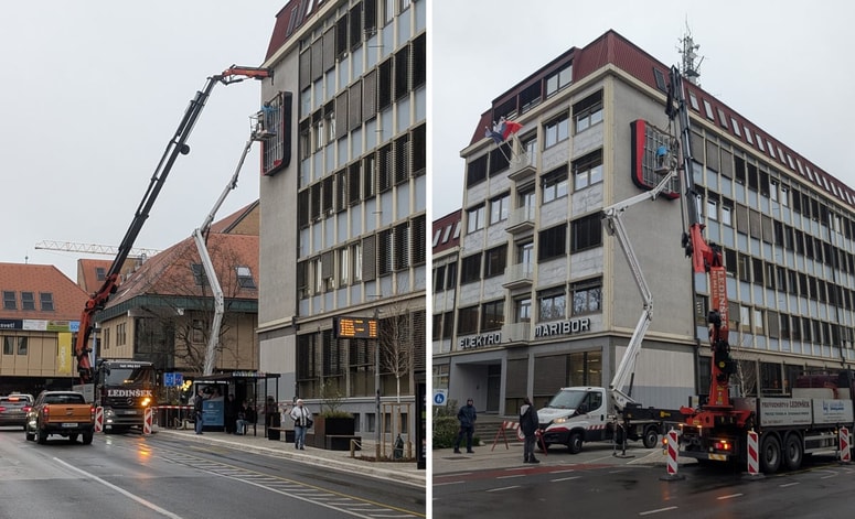 Glavna fotografija članka:(FOTO) Mimoidoči ugibali, ali je poseg posledica močnega vetra: Zakaj je stavba Elektra Maribor ostala brez logotipa?