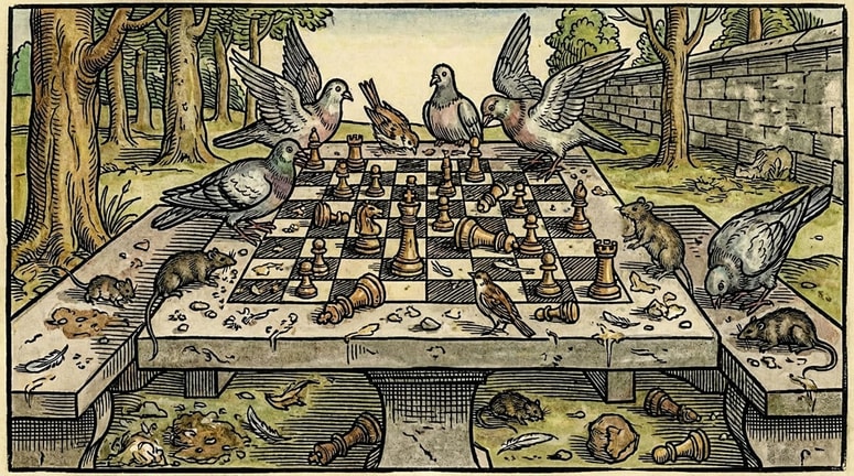 "Kadar modrost zapusti omizje, postane šahovnica igrišče tistih, ki ne poznajo ne pravil ne ponižnosti. Kdor ne zna premikati figur, jih bo pač prevrnil in v svojem brezumnem, napuha polnem zmagoslavju verjel, da je premagal kralja."

Ilustracija: Bučela