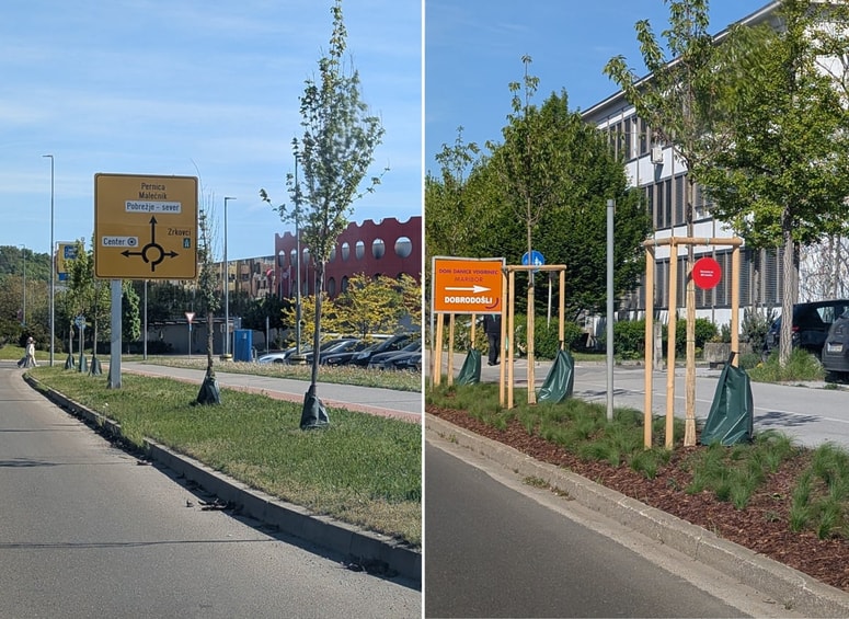 Različna namestitev vreč za namakanje v Ulici Veljka Vlahovića in Čufarjevi cesti v Mariboru. 