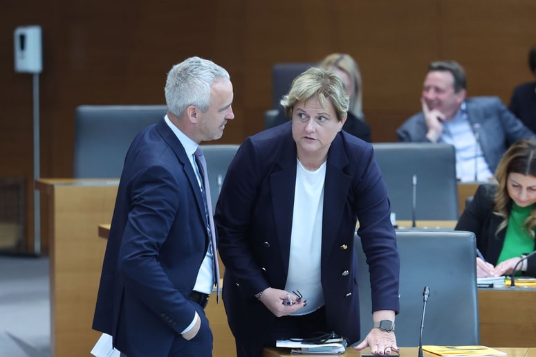 Janez Cigler Kralj, vodja poslancev NSi, SLS in Fokus, z vodjo poslanske skupine SDS Jelko Godec.