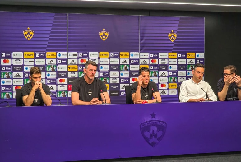 Mariborska četverica na novinarski konferenci pred tekmo z Olimpijo.