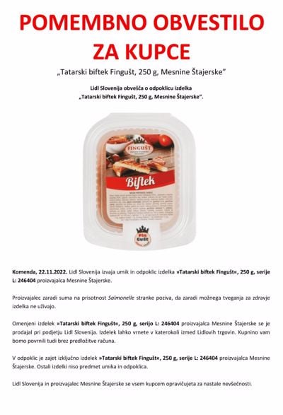 Razlog za izbruh primerov salmonele je najverjetneje tatarski biftek