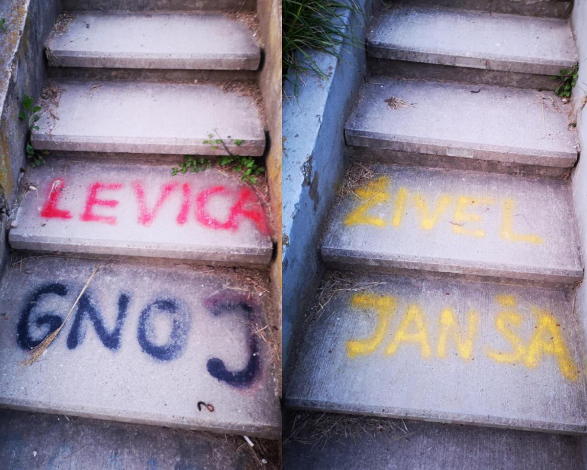 (FOTO) "Živel Janša" in "Levica gnoj" - Politične žaljivke in parole na zaprtih "štengah"