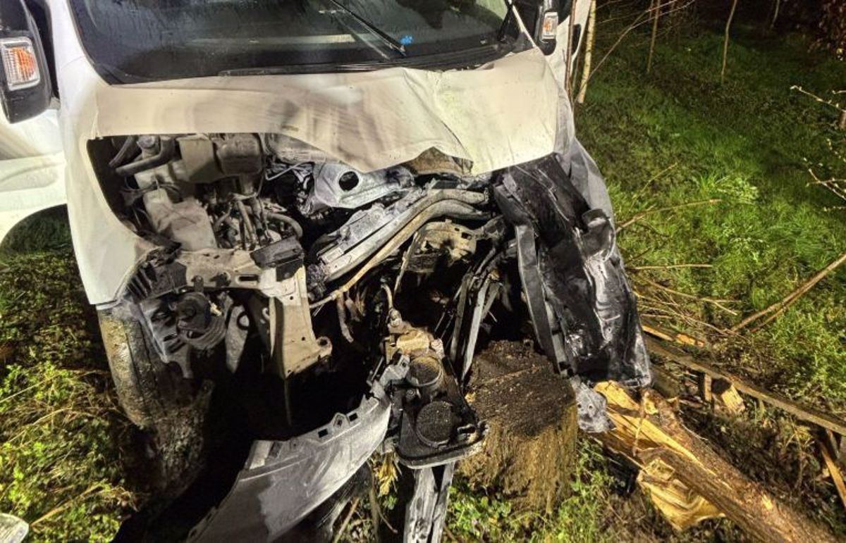 (FOTO) Voznik kombija zapeljal s cestišča in trčil v štor