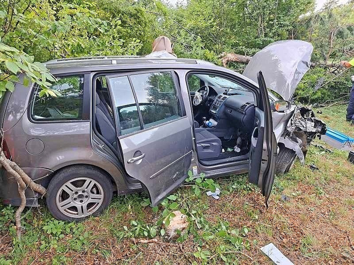 (FOTO) Družina je po izvozu z avtoceste končala v drevesu. Kaj se je zgodilo?