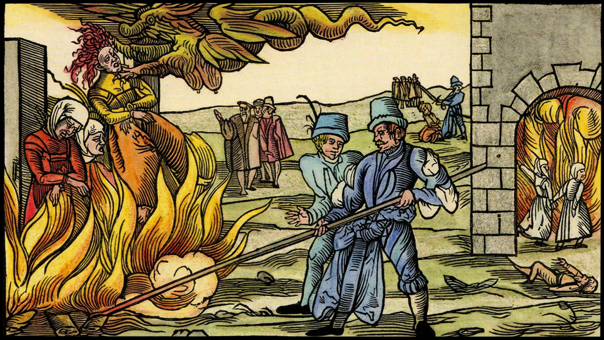 Žganje živih ljudi, "obsedenih s hudičem", lesorez, Nürnberg, Jörg Merckel, 1555. Cerkveno izganjanje hudiča ima dolgo tradicijo. Nekoč so tiste, ki so jih obtoževali sodelovanja s hudičem ali obsedenosti z njim, srhljivo mučili in na koncu praviloma žive javno skurili na grmadi. Danes so se posodobili in uporabljajo "okoljsko znosnejše metode".

 

